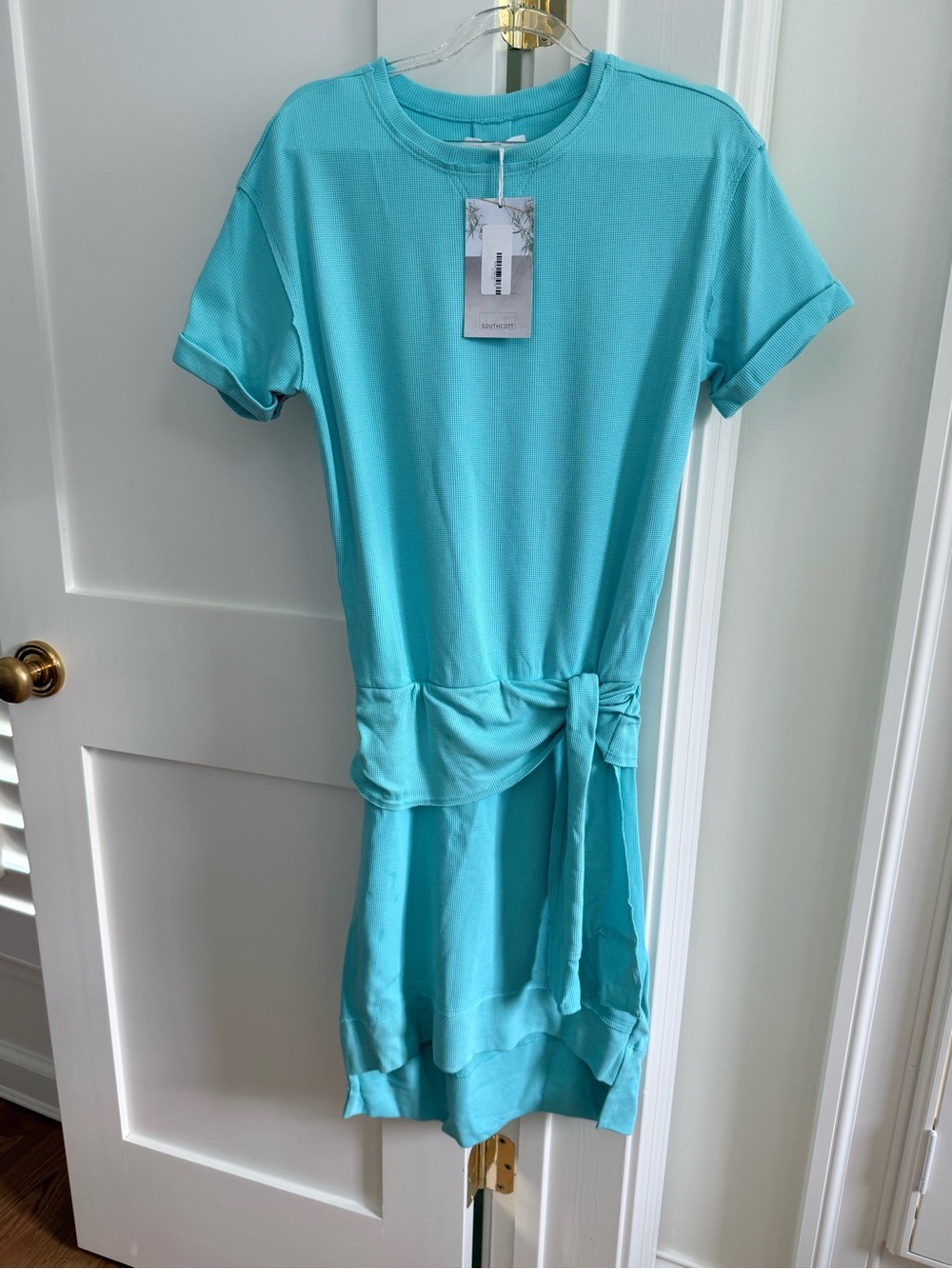 SOUTHCOTT Aqua Crewneck Short Sleeve Dress with Tie